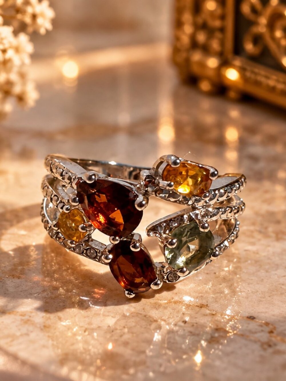 Multi-Gemstone Silver Tone Crossover Ring | Size 8.5